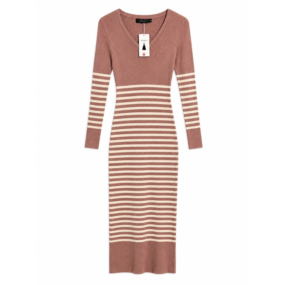 ZESICA NWT Striped Ribbed Knit V Neck Midi Sweater Dress Size Medium